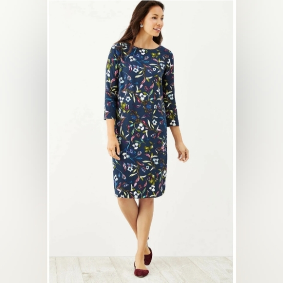 J. Jill Dresses & Skirts - J Jill Navy Blue Floral 3/4 Sleeve Boat Neck Pullover Shift Dress Size M